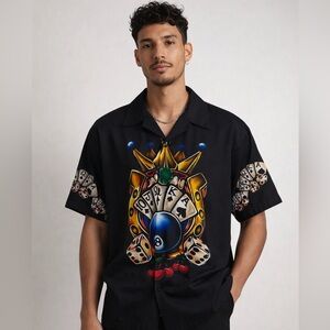 VINTAGE ACE POKER CROWN DICE EIGHTBALL BUTTON SHIRT MENS 38/40